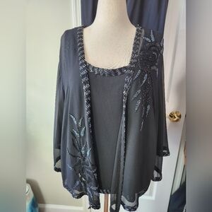 Draper's & Damon's Silk Sheer and Beaded Open Front Cardigan and Pants S…